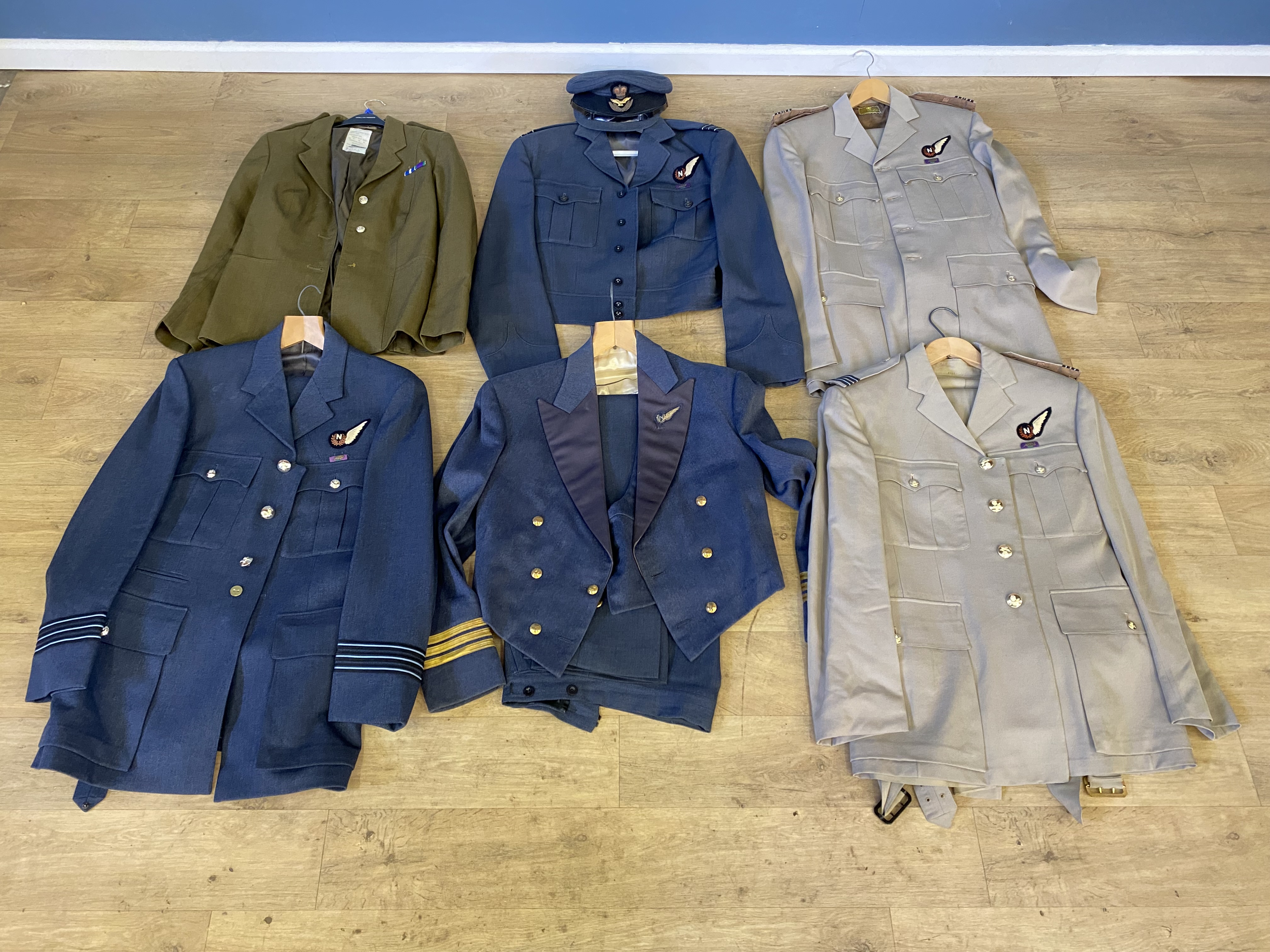 Collection of RAF and military uniforms, including one Cap