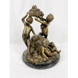 Large bronze figural set of three Bacchanalian nude boys on marble base