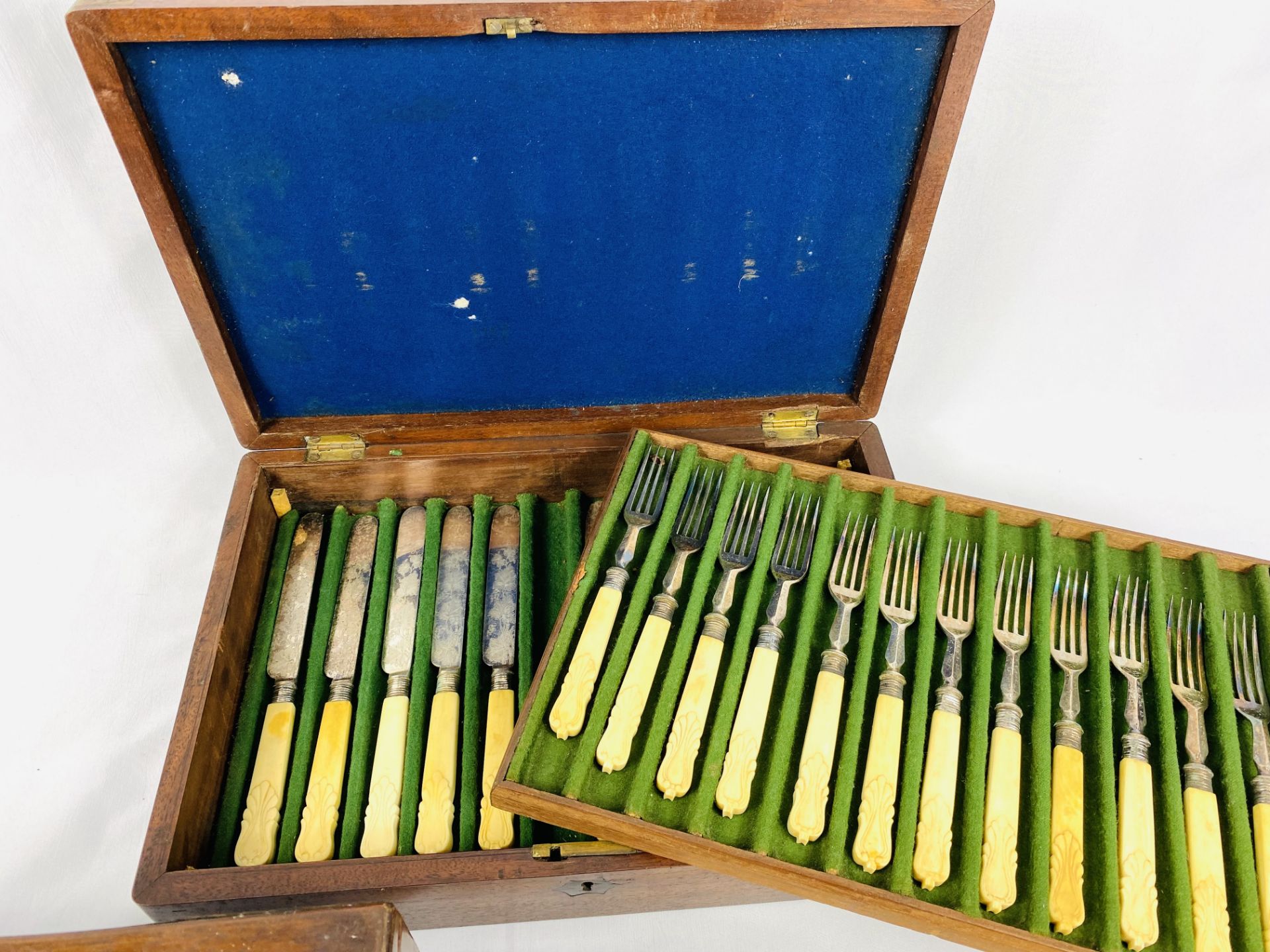 Boxed set of bone handled cutlery, a fitted mahogany box and a mahogany caddy - Image 5 of 5