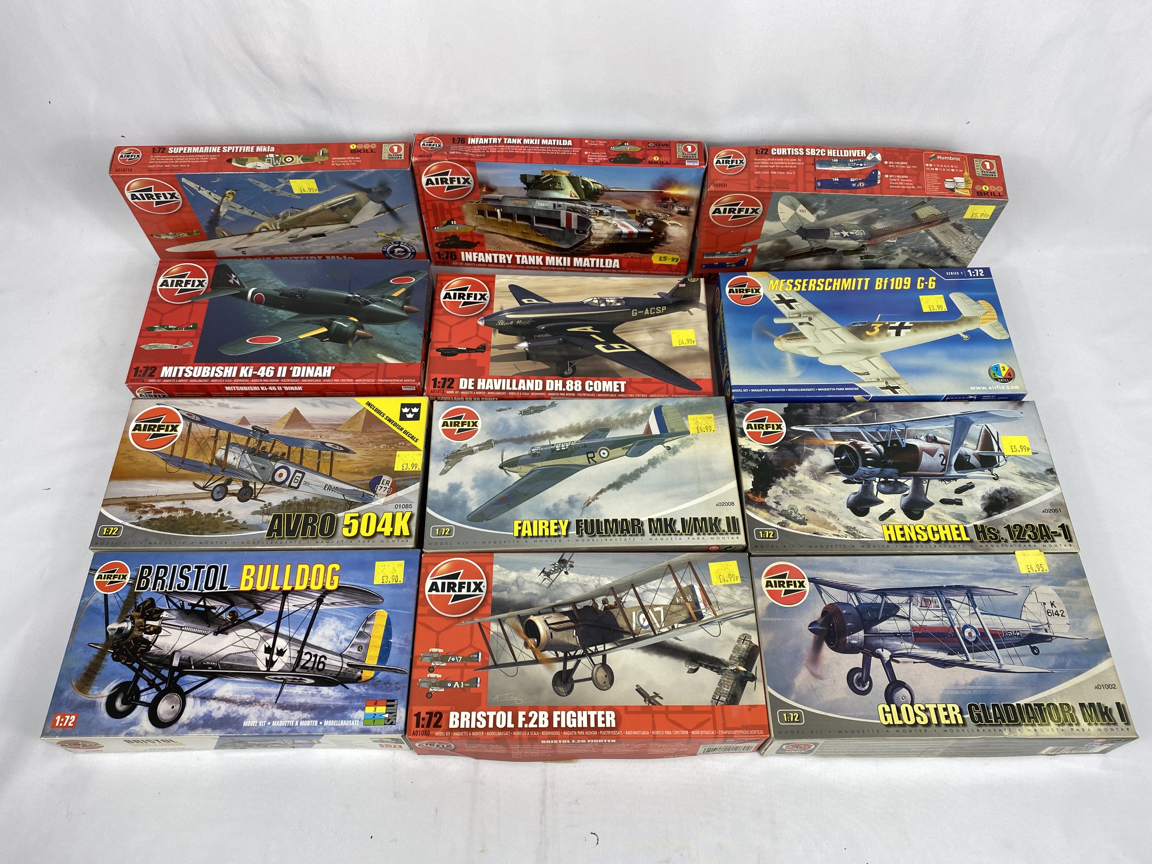 Twelve Airfix scale model kits