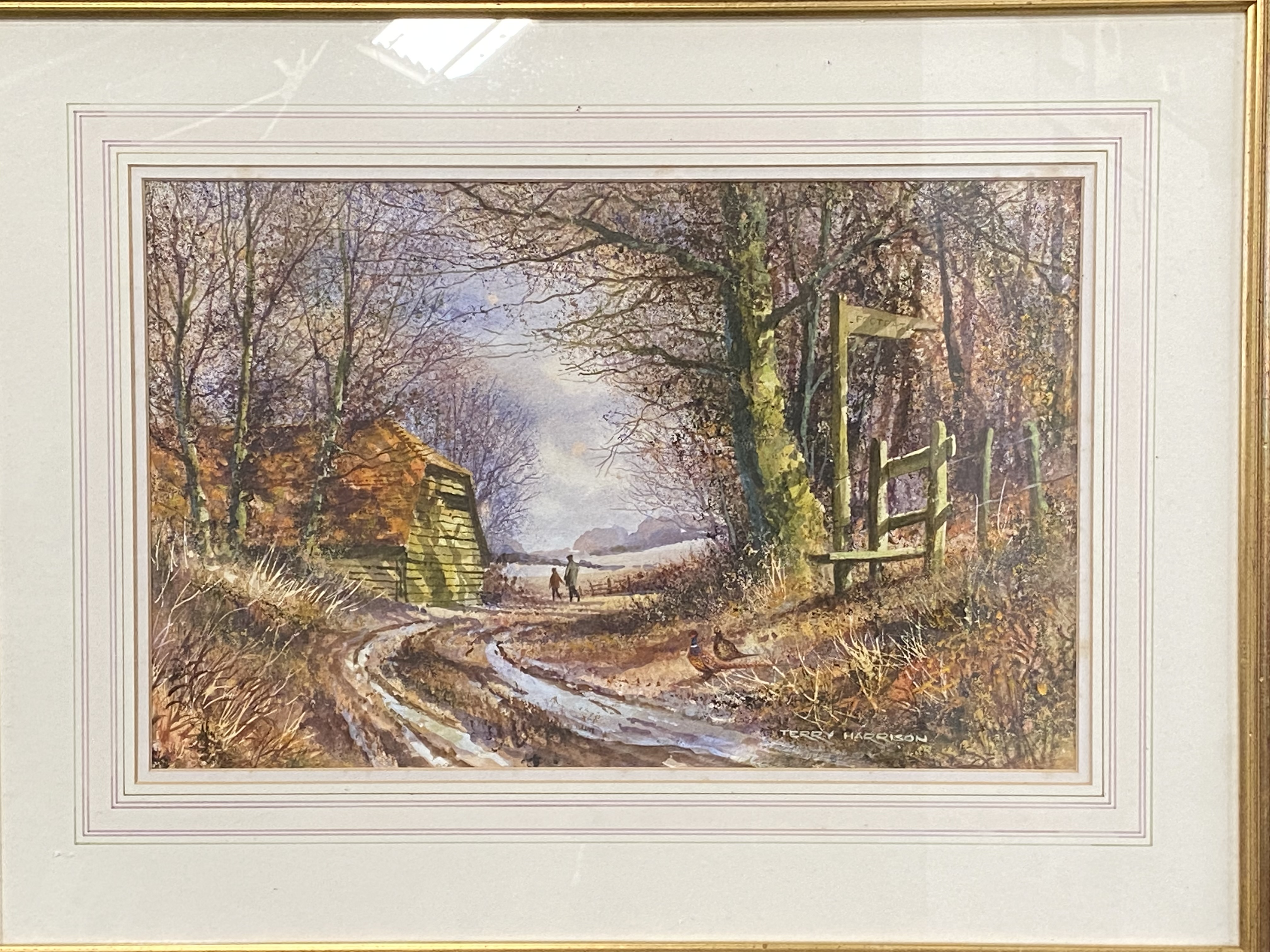 Framed and glazed watercolour of a winter's walk, signed Terry Harrison - Image 2 of 3