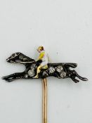 Enamel and diamond horse and jockey stick pin