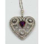 Edwardian white gold, ruby and diamond heart pendant with chain