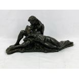 Resin bronzed sculpture of lovers embracing, signed R Cameron