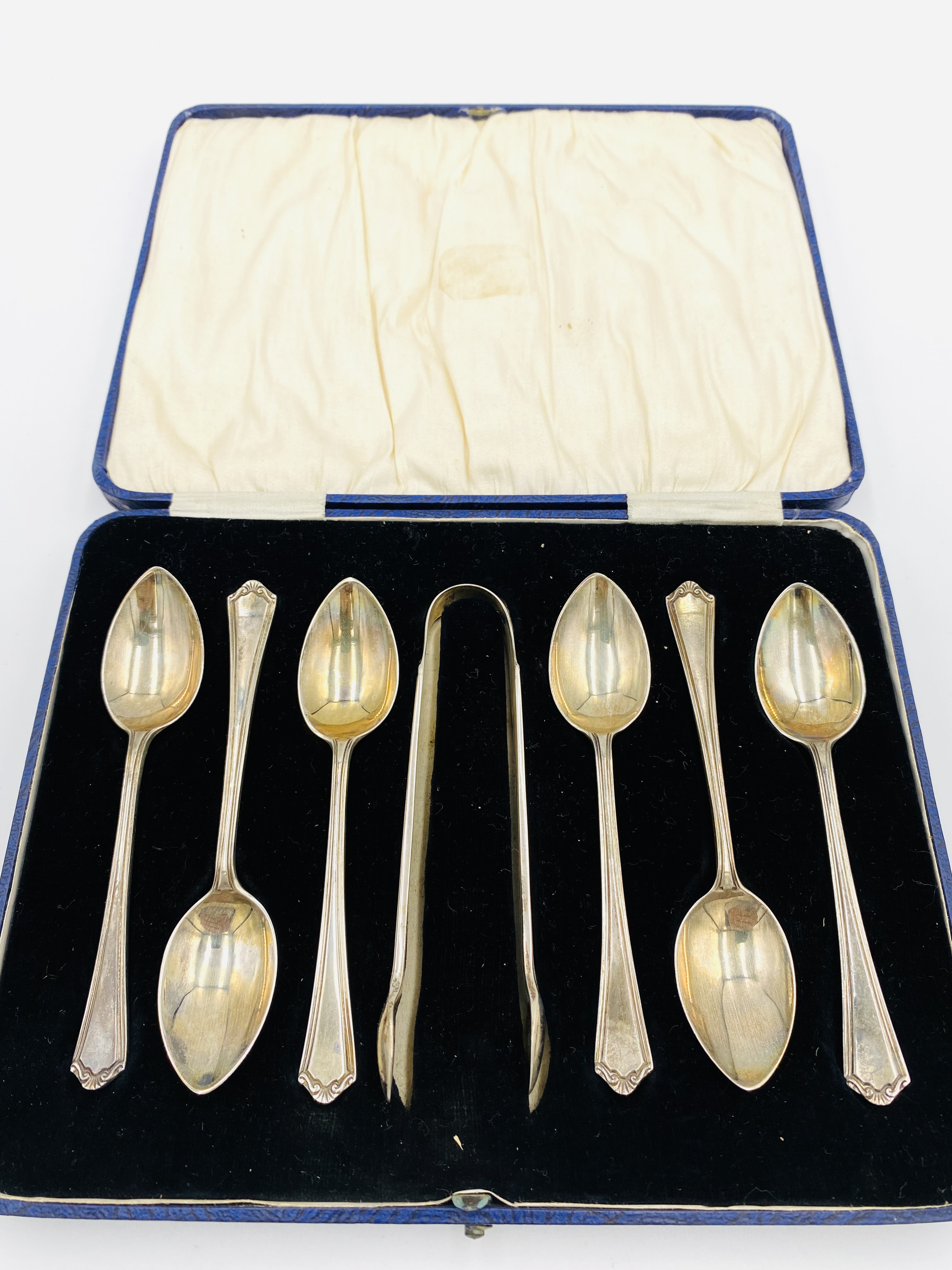 Boxed set of six silver spoons and sugar tongs - Image 2 of 5