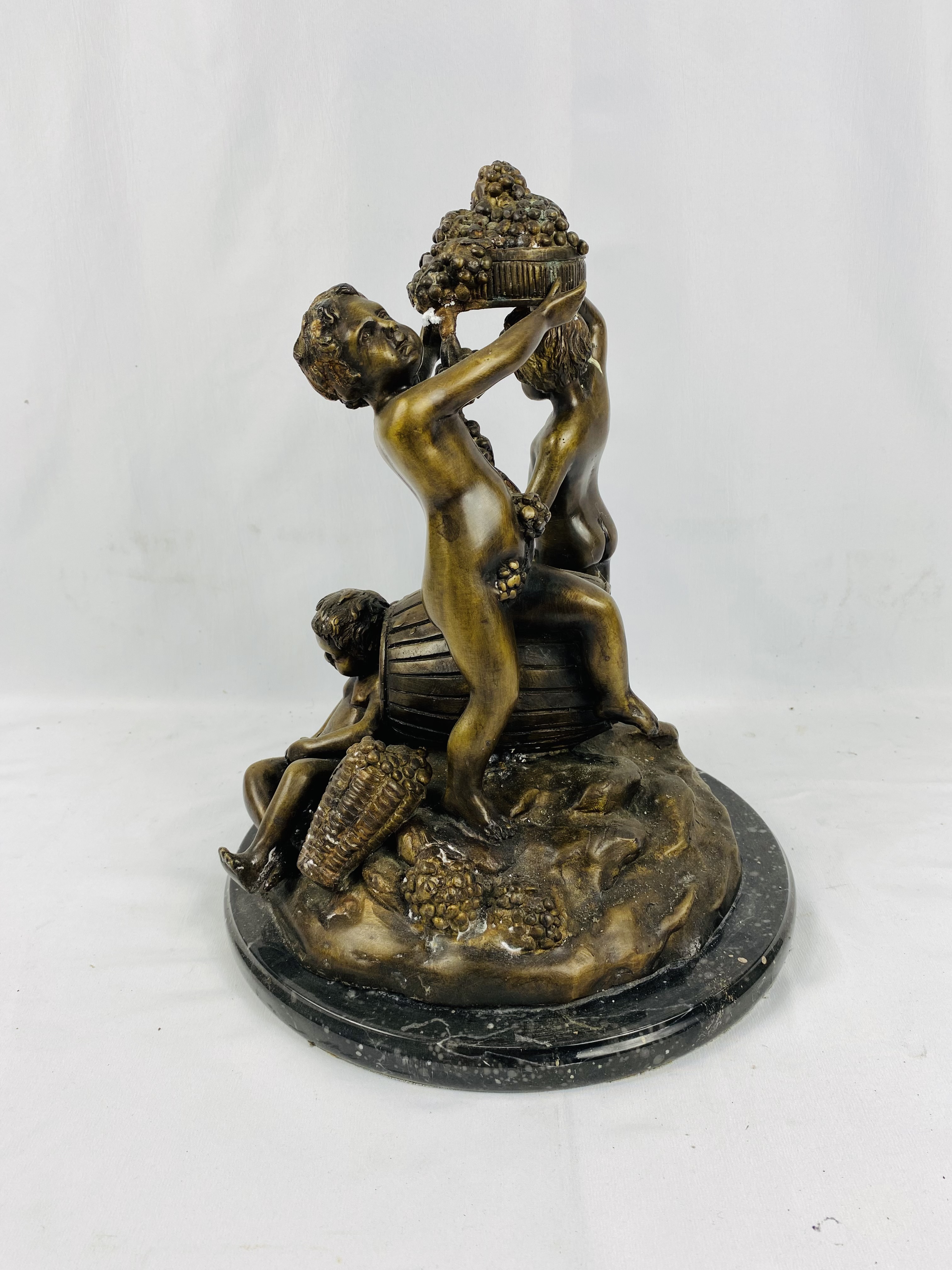 Large bronze figural set of three Bacchanalian nude boys on marble base - Image 3 of 4