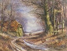 Framed and glazed watercolour of a winter's walk, signed Terry Harrison