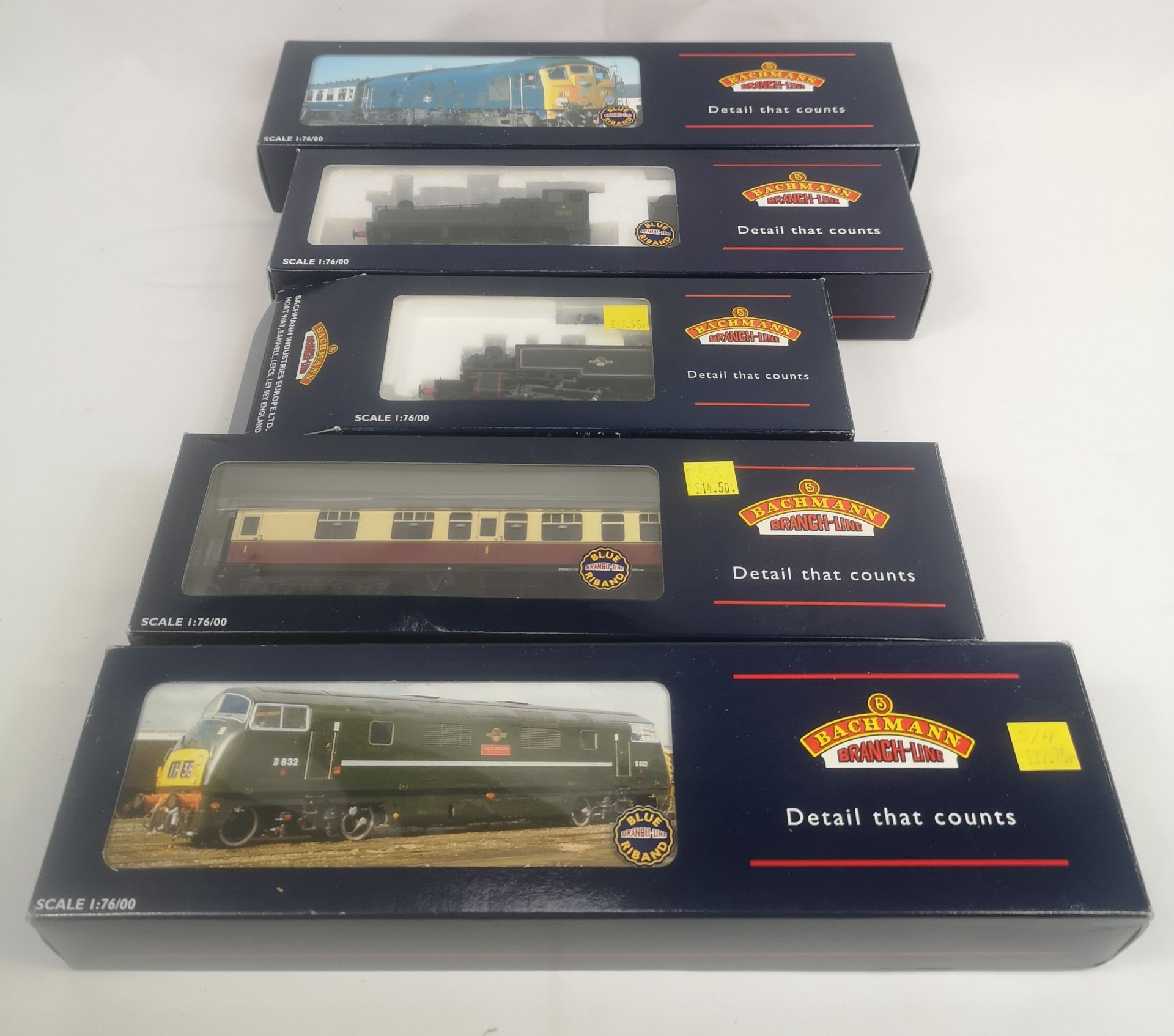 Four Bachmann 00 gauge engines; together with a Bachmann 00 gauge carriage.