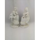 Two white Meissen style porcelain figures; and two Victorian Molineaux Webb glass biscuit barrels