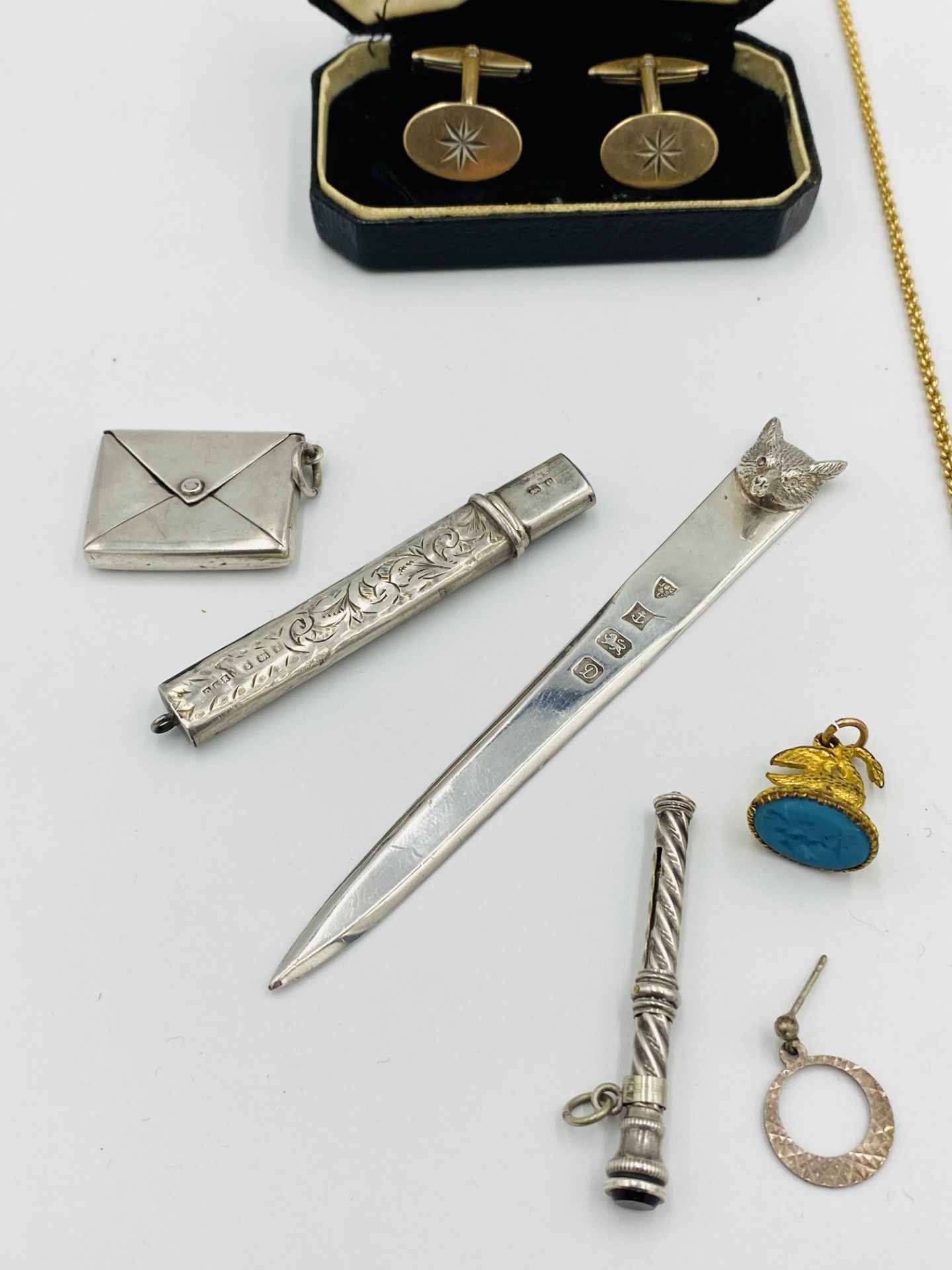 Silver stamp case, letter opener and pencil together with items of costume jewellery - Image 2 of 4