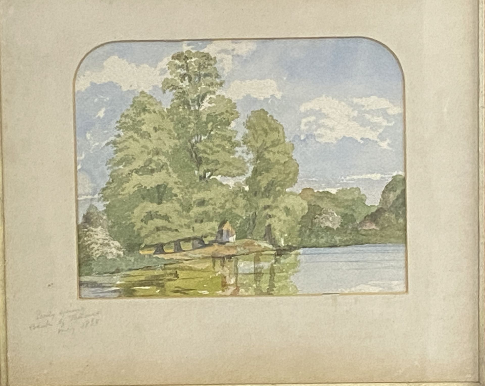 Framed and glazed watercolour, Spring Bank of Thames 1838