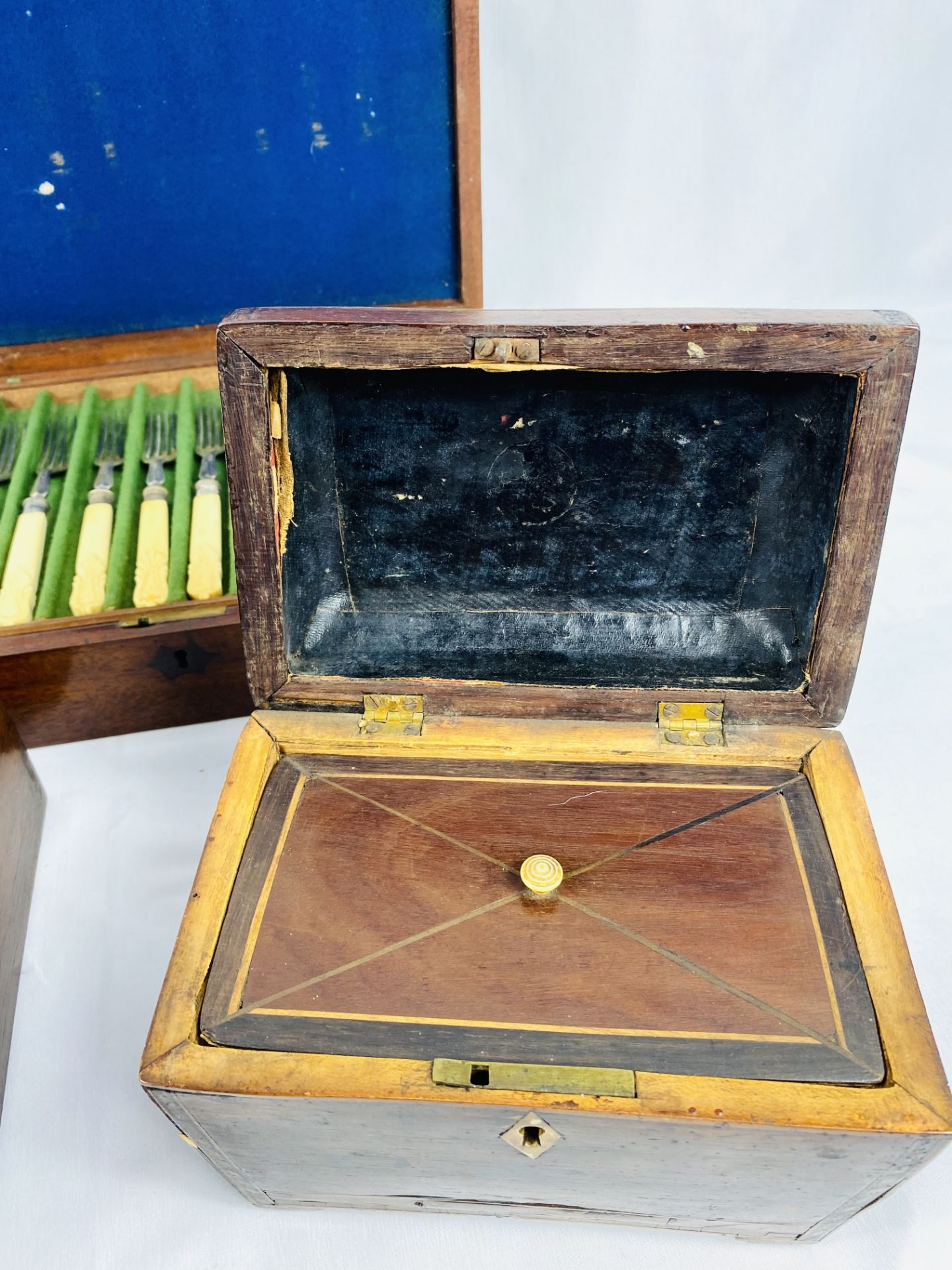 Boxed set of bone handled cutlery, a fitted mahogany box and a mahogany caddy - Image 4 of 5
