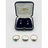 Three 9ct gold rings together with a pair of earrings