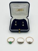 Three 9ct gold rings together with a pair of earrings
