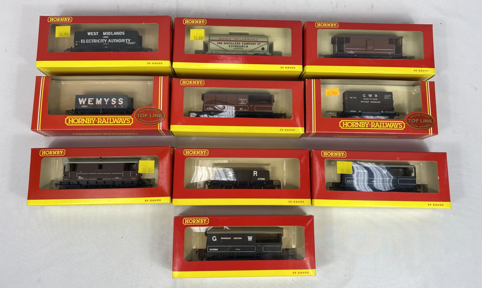 Ten Hornby 00 gauge wagons.