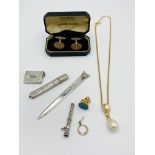 Silver stamp case, letter opener and pencil together with items of costume jewellery