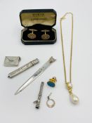 Silver stamp case, letter opener and pencil together with items of costume jewellery