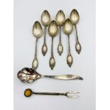 Set of six 880 silver teaspoons together with two other 800 items