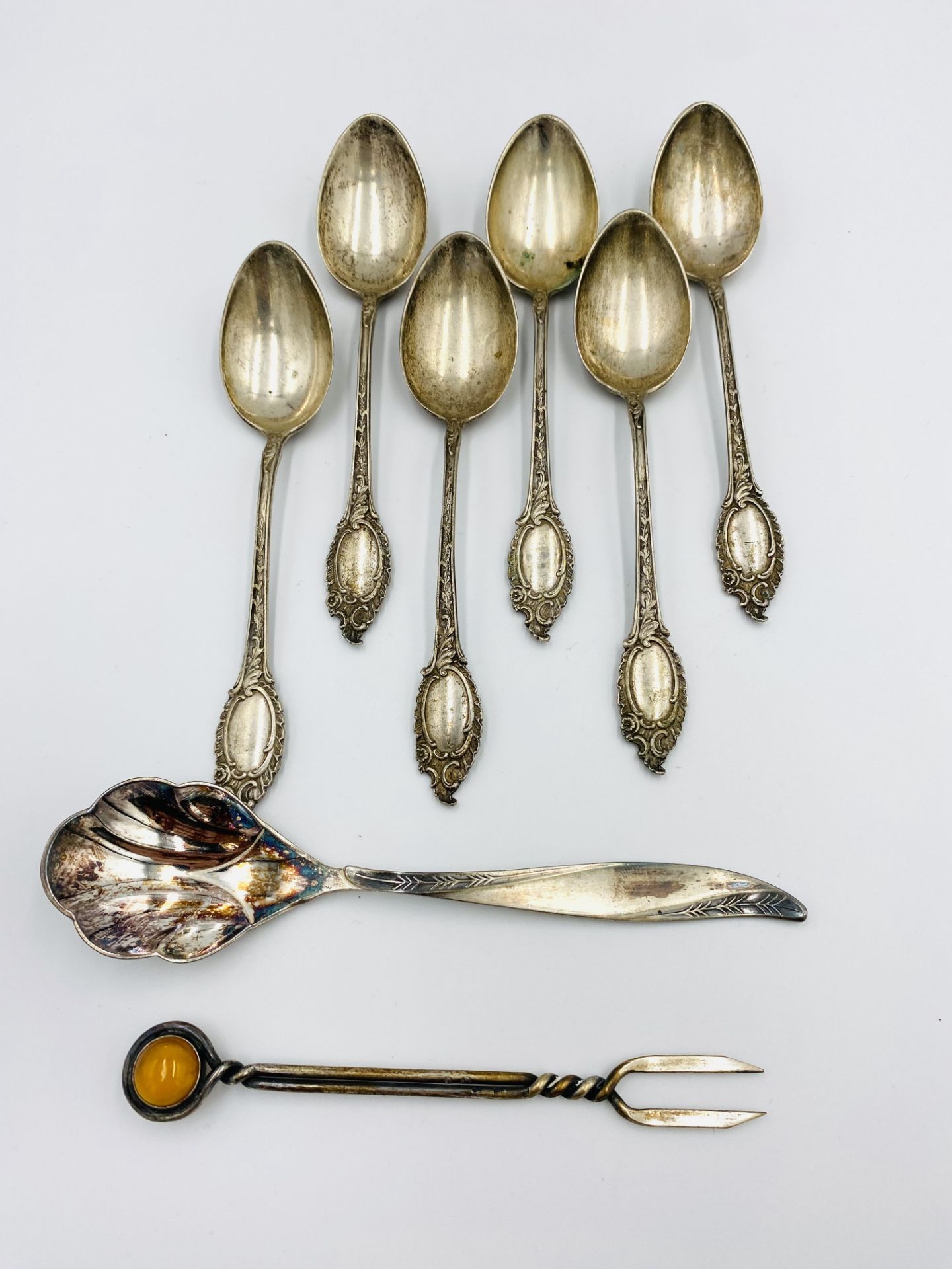 Set of six 880 silver teaspoons together with two other 800 items