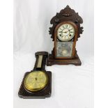 Wood cased mantel clock together with a wall mounted barometer