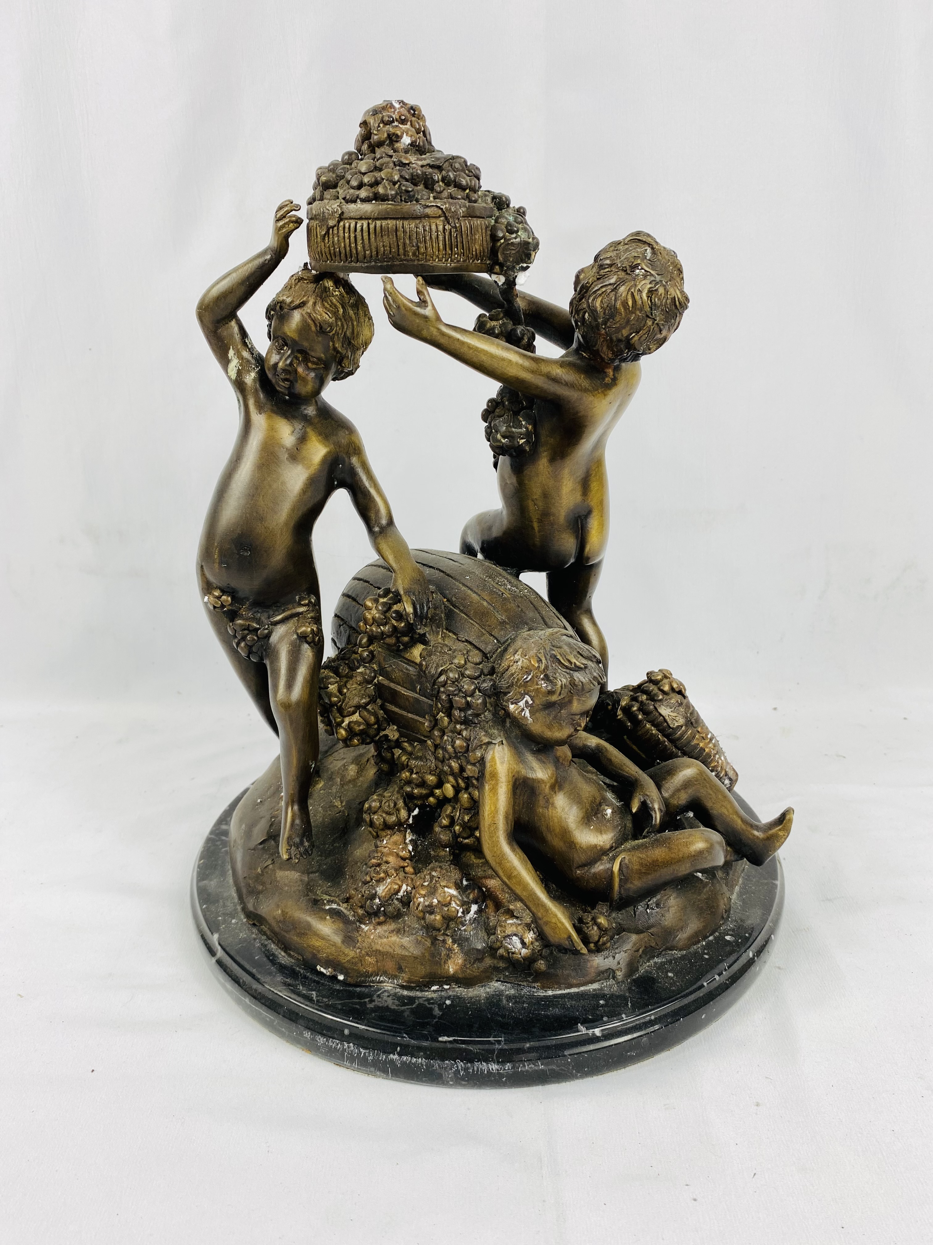 Large bronze figural set of three Bacchanalian nude boys on marble base - Image 4 of 4