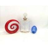 Glass and silver decanter, glass paperweight and art glass sculpture