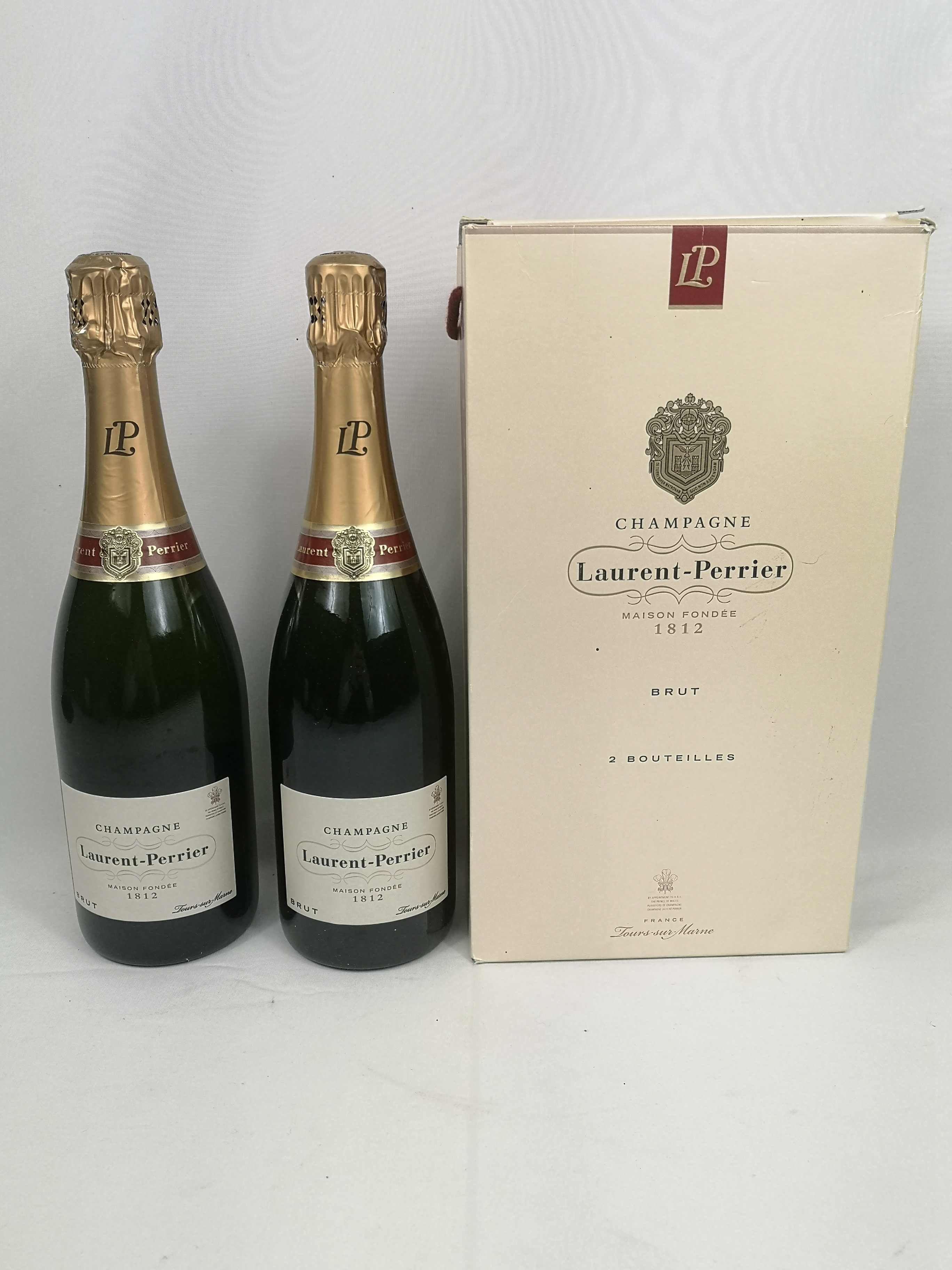 Two 75cl bottles of Laurent Perrier champagne in box.