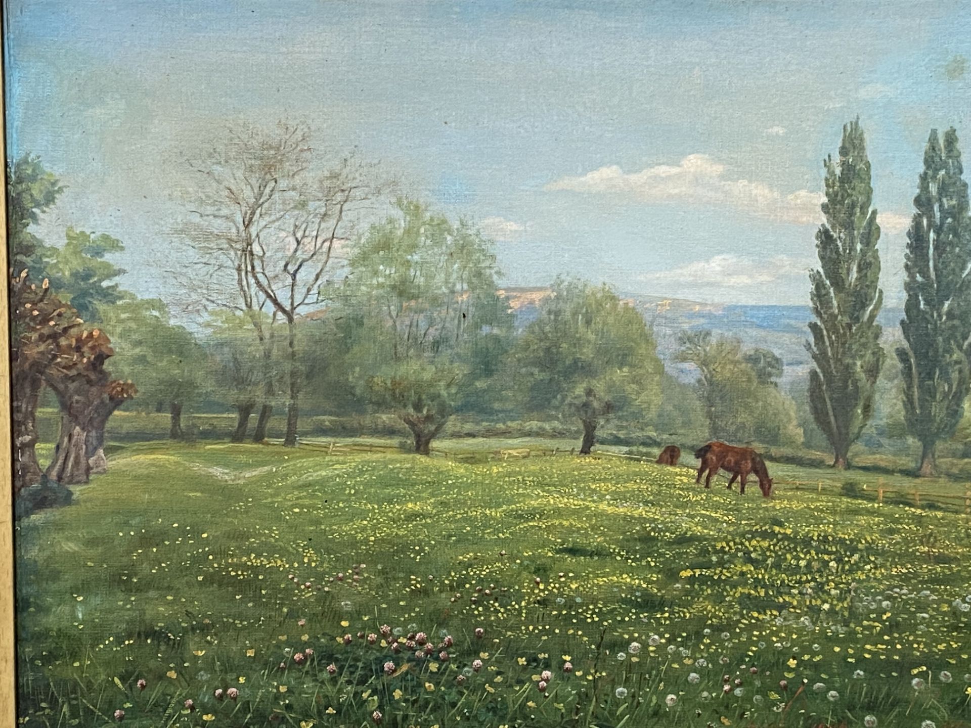 Framed oil on canvas of grazing horses dated 1996