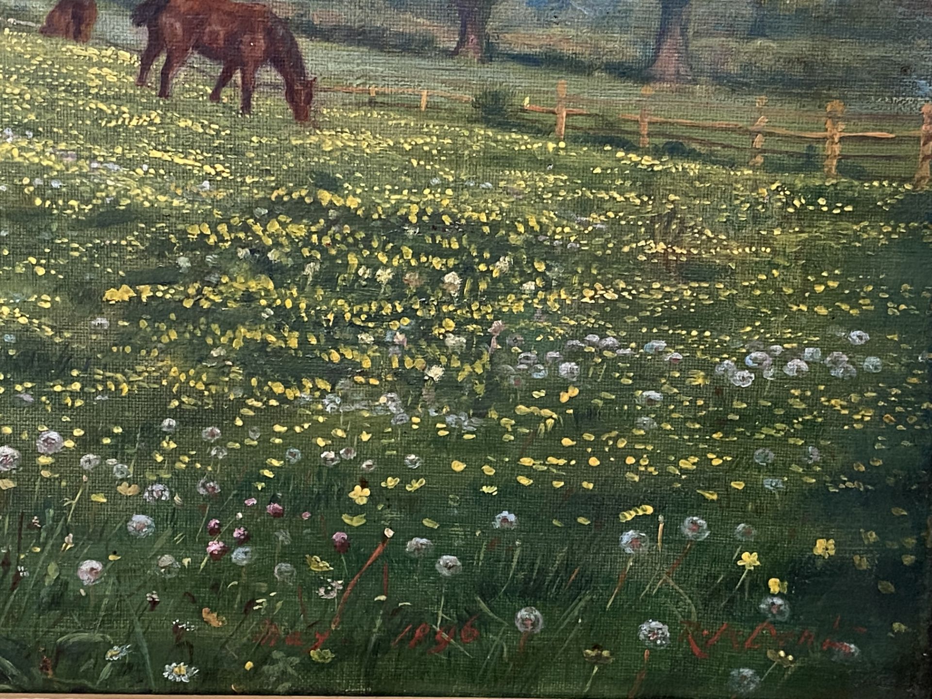 Framed oil on canvas of grazing horses dated 1996 - Image 2 of 4