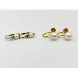 Pair of 9ct gold and pearl earrings; together a pair of white metal and pearl earrings.