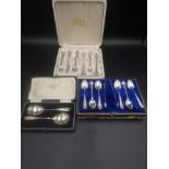Box of silver tea spoons, a box of silver forks and a box with two silver spoons