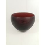 Red glass bowl, signed by artist