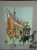Four framed and glazed prints of Court buildings with caricatures of judges