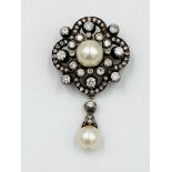 Pearl and diamond drop brooch