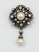 Pearl and diamond drop brooch