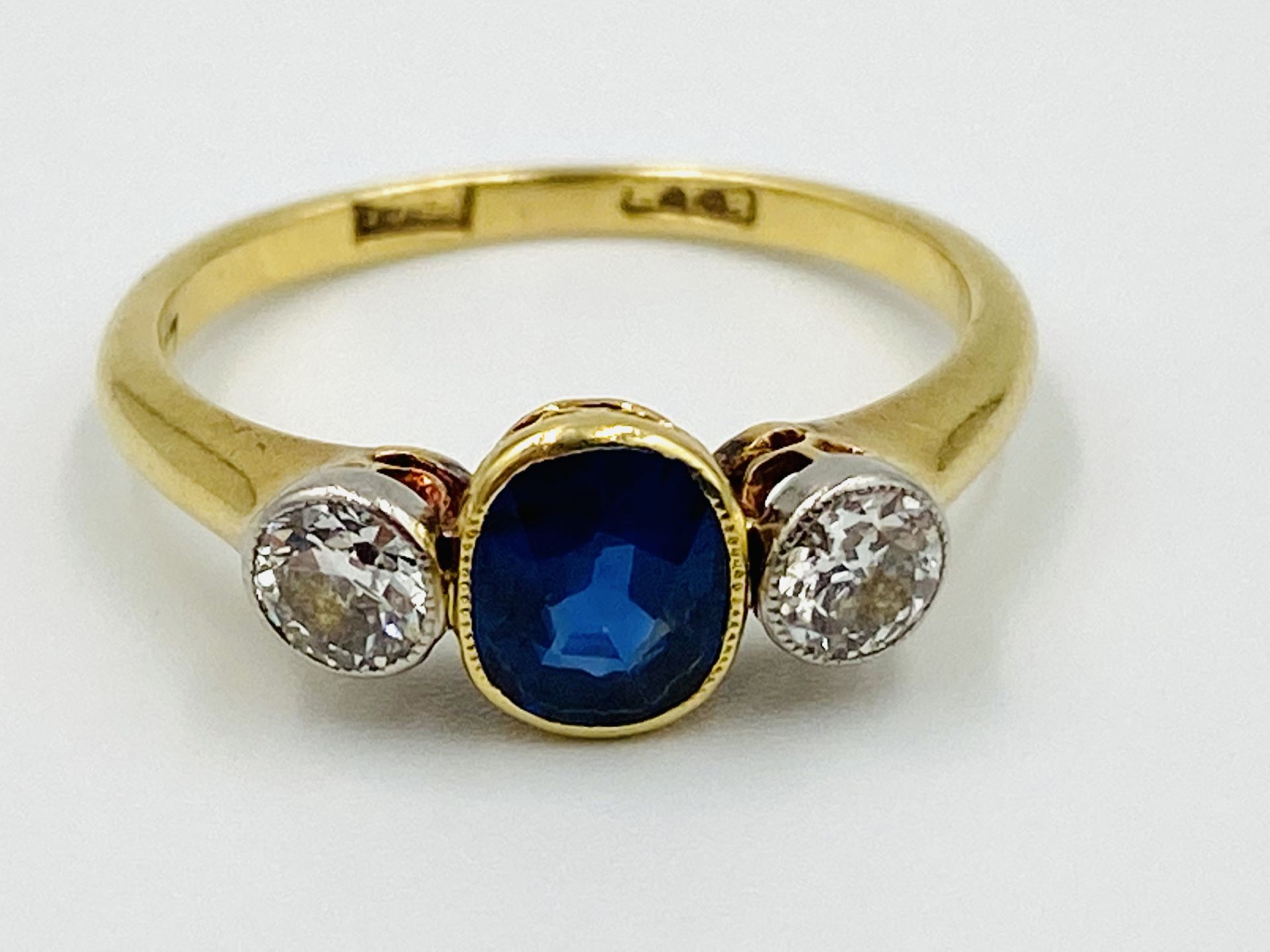 18ct gold, sapphire and diamond three stone ring - Image 5 of 5