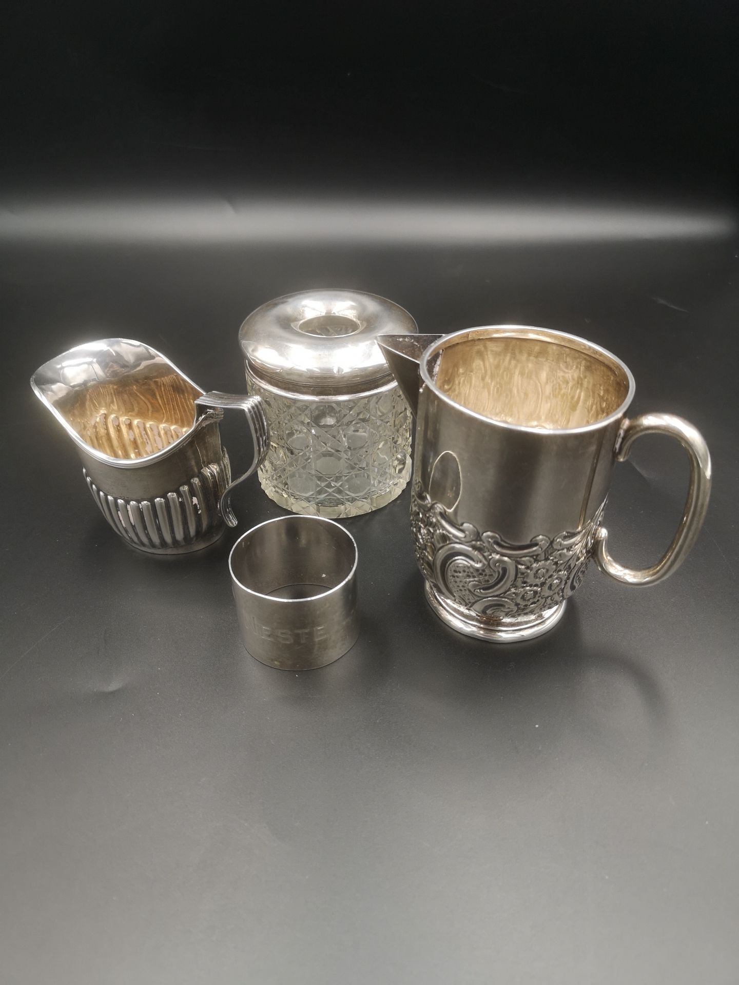Victorian silver milk jug together with other items of silver