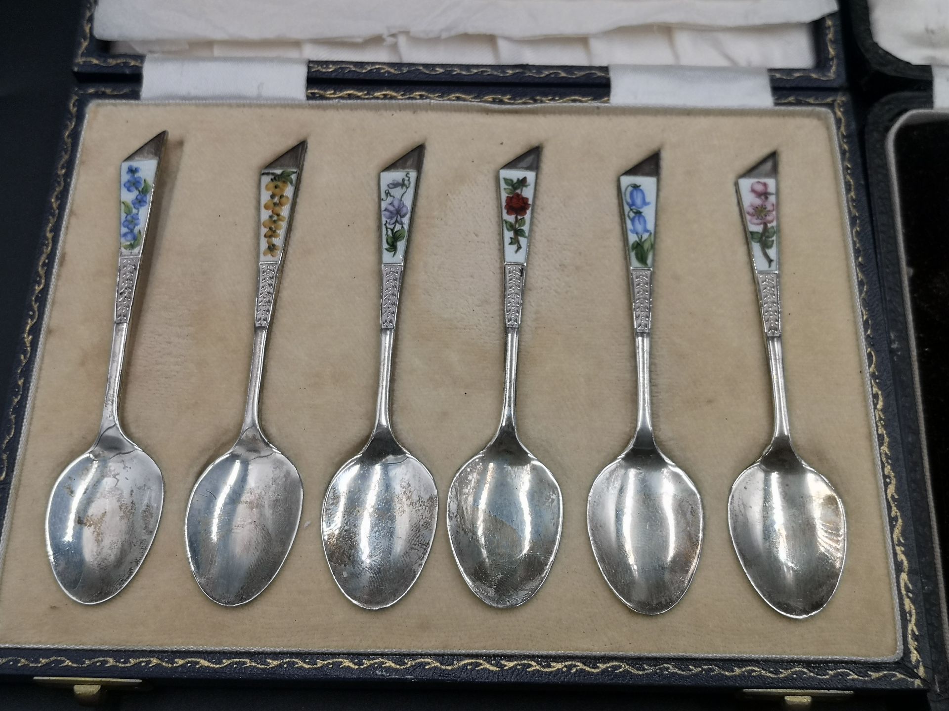 Set of six silver and enamel tea spoons together with silver handled knives and forks - Image 3 of 4