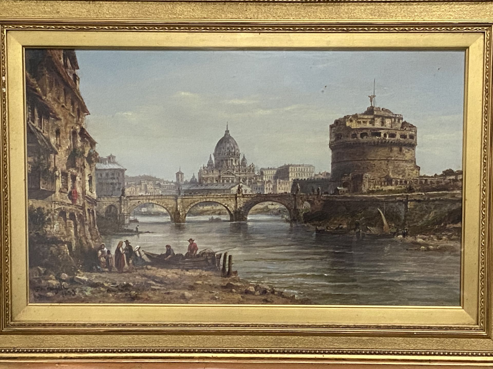 Framed and glazed oil on canvas of a medieval city - Image 2 of 6