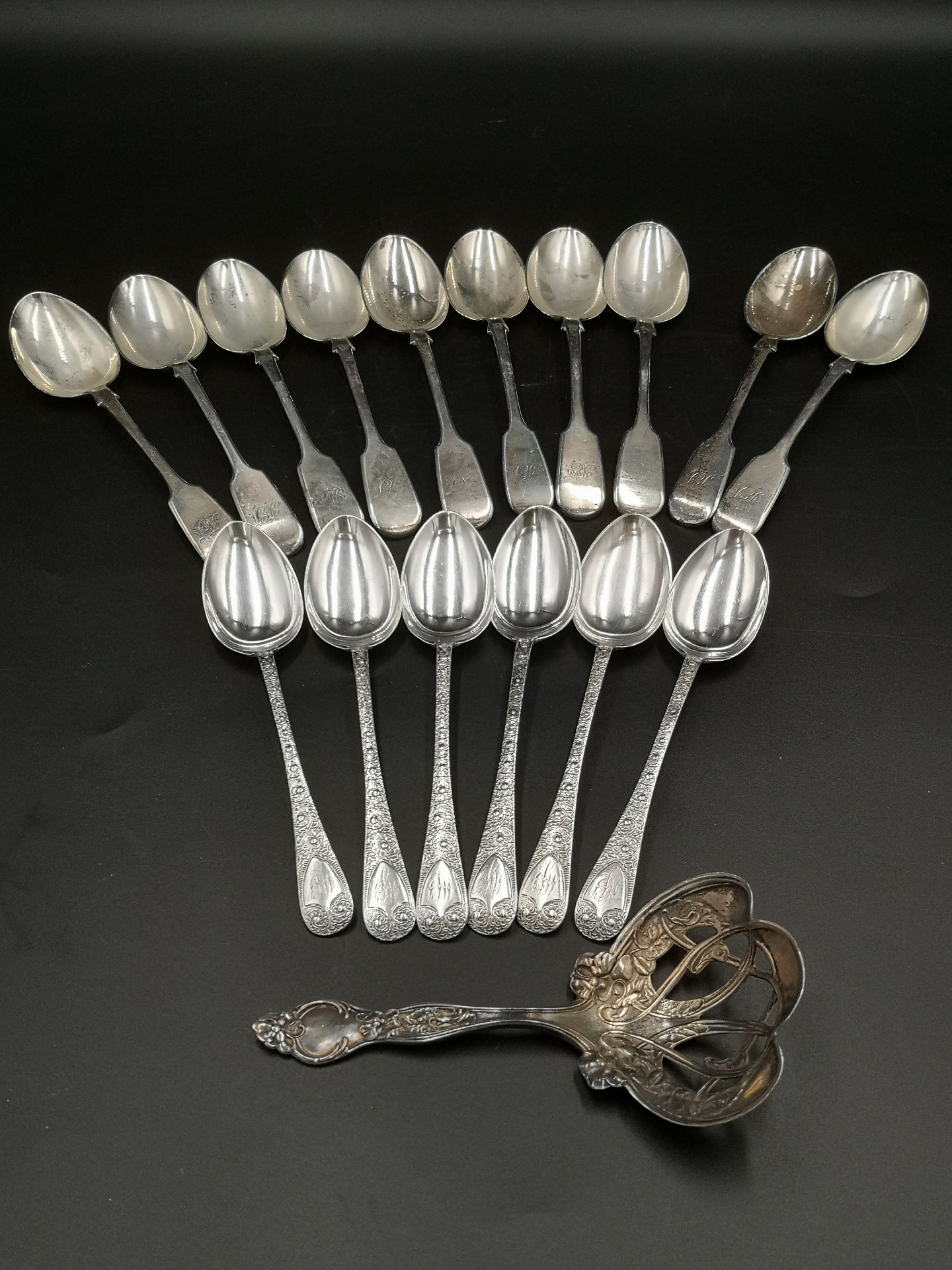 Ten Victorian silver spoons together with other silver spoons