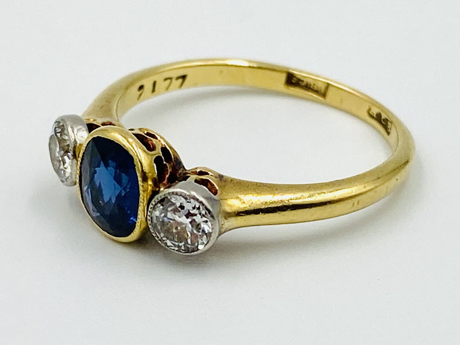 18ct gold, sapphire and diamond three stone ring - Image 2 of 5