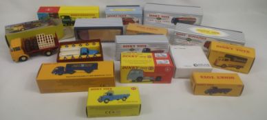 Fourteen boxed Dinky diecast model trucks and lorries.