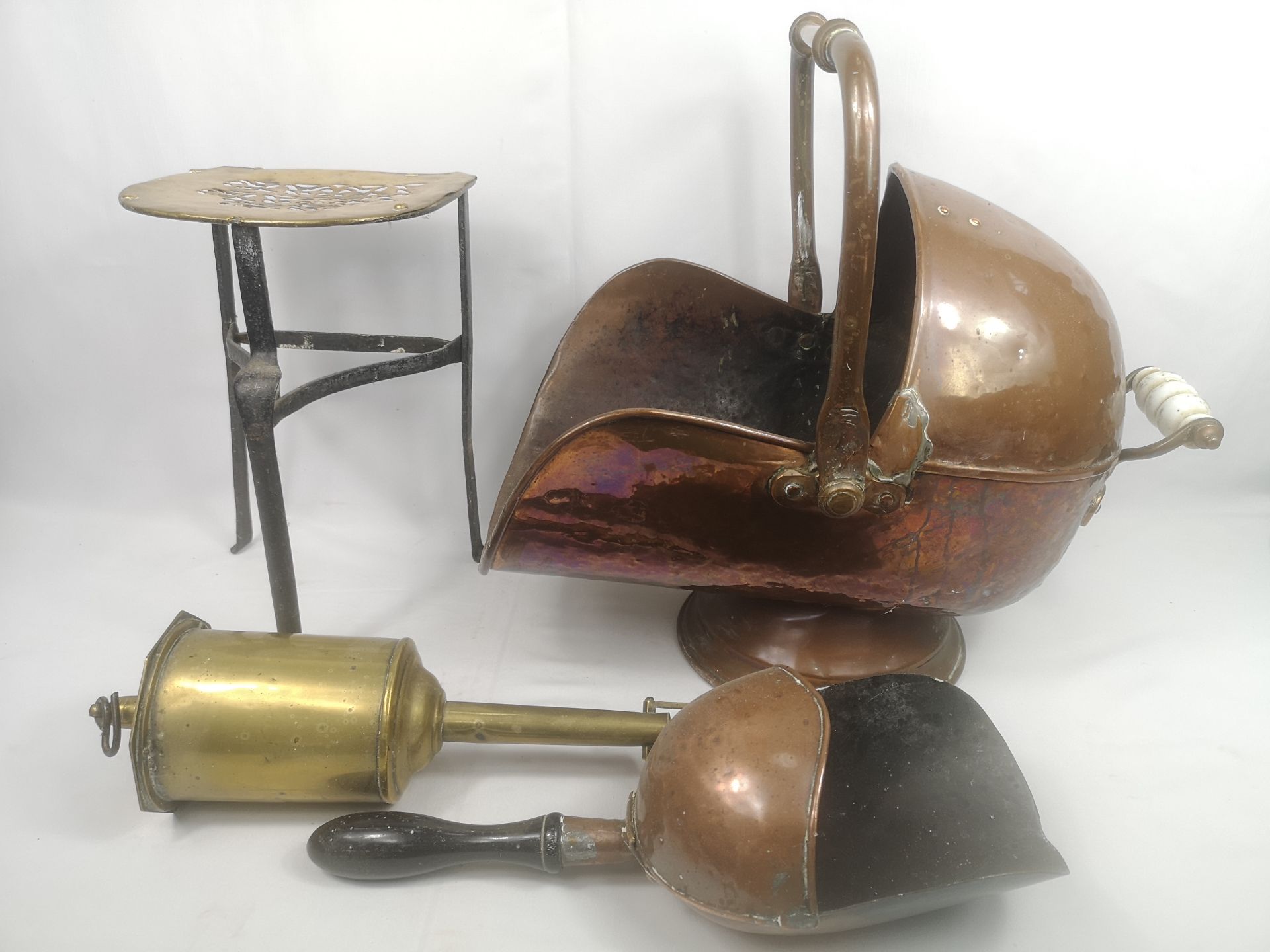 Copper coal scuttle and other items