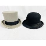 A Gieves Ltd bowler hat, internal dimensions; together with a Dunn & Co. grey felt top hat.