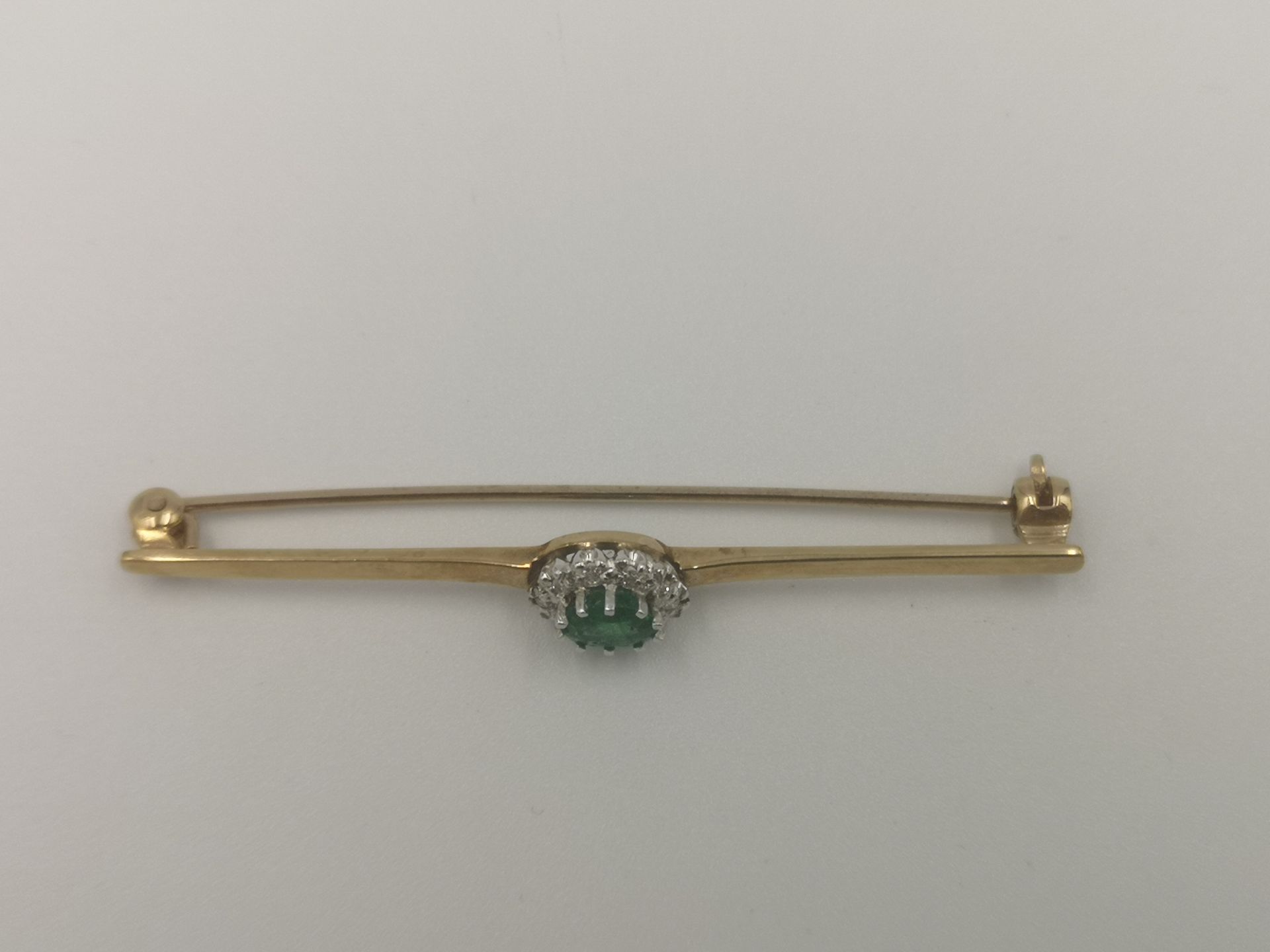 9ct gold, emerald and diamond cluster bar brooch - Image 3 of 5
