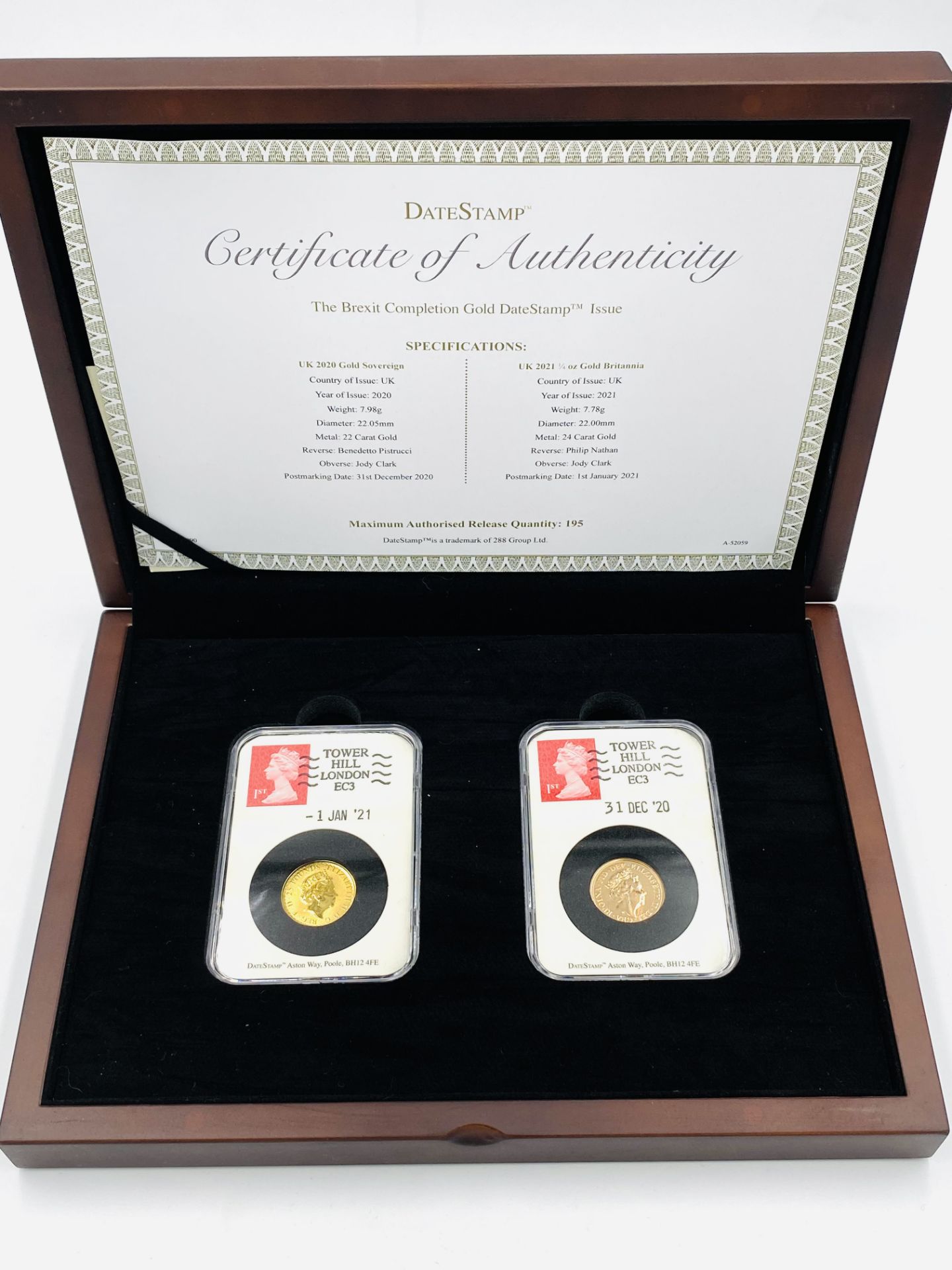 DateStamp Brexit Completion Issue, comprising 2020 gold sovereign and 2021 gold Britannia