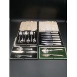 Boxed set of silver tea spoons together with two silver forks and other items of silver