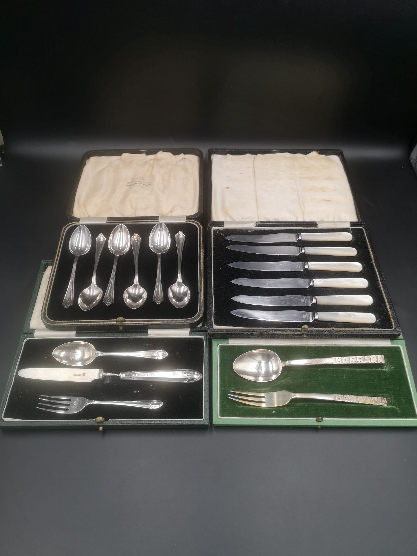 Boxed set of silver tea spoons together with two silver forks and other items of silver
