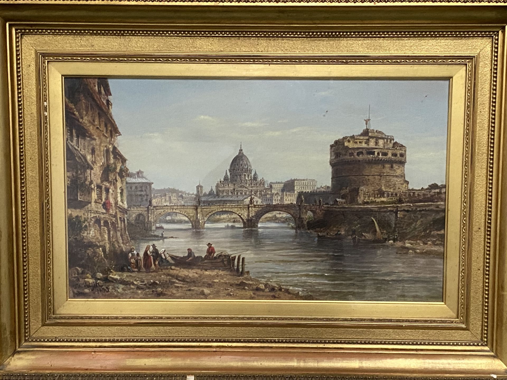 Framed and glazed oil on canvas of a medieval city - Bild 6 aus 6