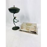 Silver plate cigarette box together with an art deco style figurine